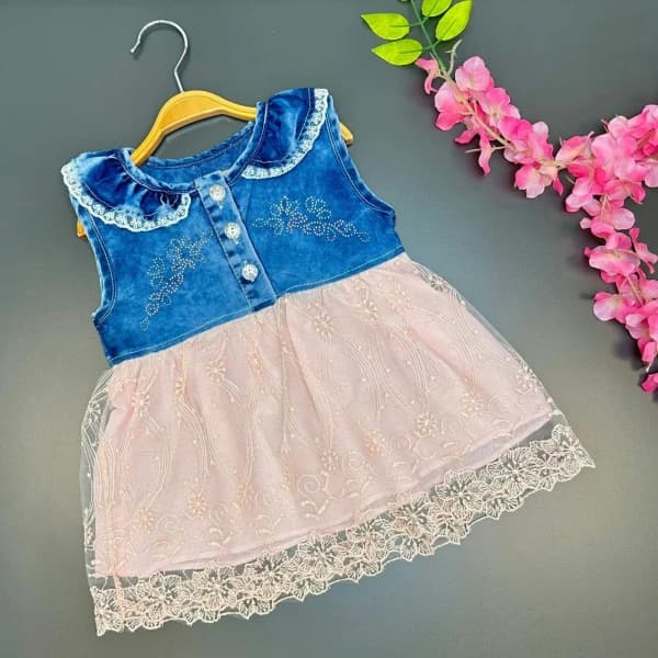 kız çocuk üstü kot altı pembe dantelli yazlık elbise - 14.99 ~ 15 usd $