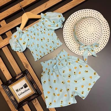 kare yaka kısa kollu baskılı kız bebek bluz ve etek 2'li takım - 6.89 usd